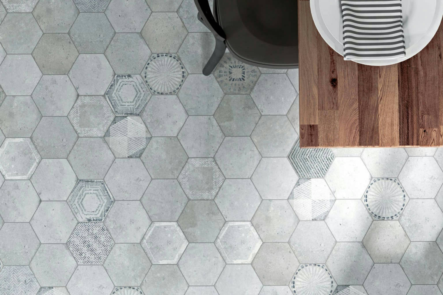 Alma 5.5x6.3” Grey and Grey Decor Hexagon | Revere Tile Company