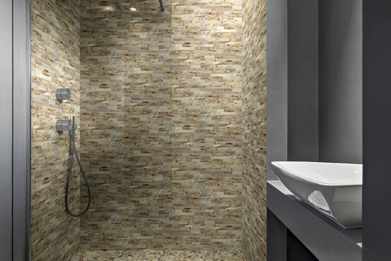 Fossil Wood Mini Opus Mix Beige Interlocking Mosaic | Revere Tile Company