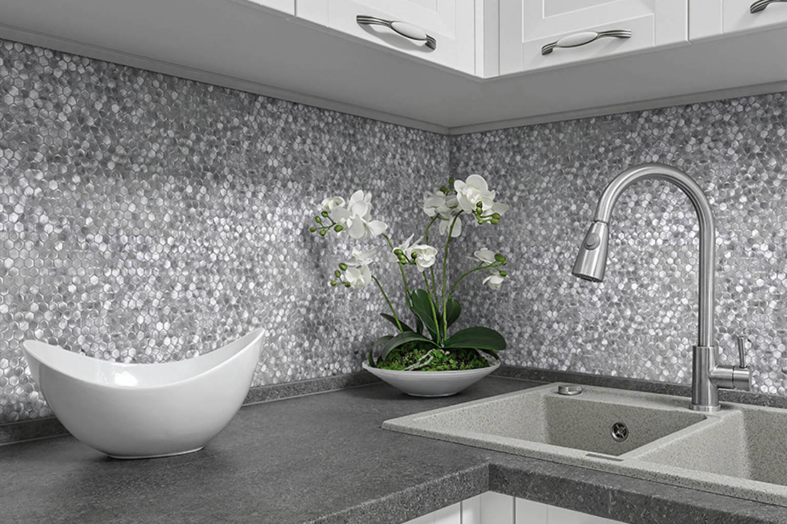 Medium Hexagon Silver Aluminum Mosaic  | Revere Tile Company