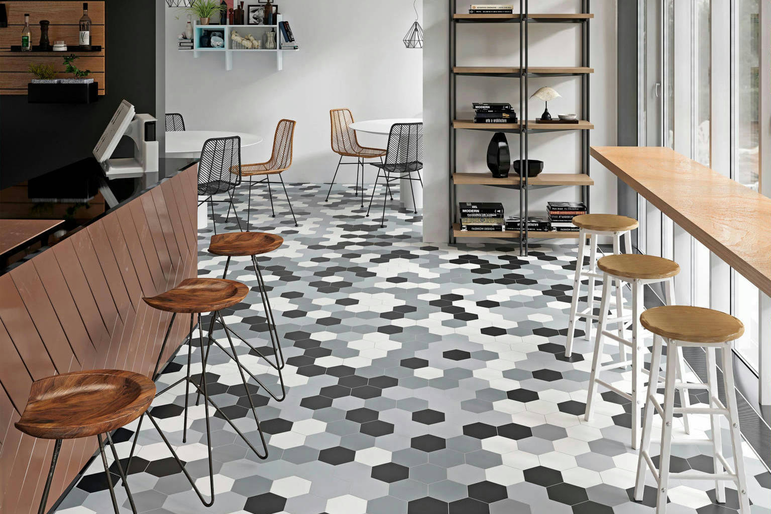 Vida 5.5X6.3” Black, Grey, Pearl, and White  Hexagons | Revere Tile Company