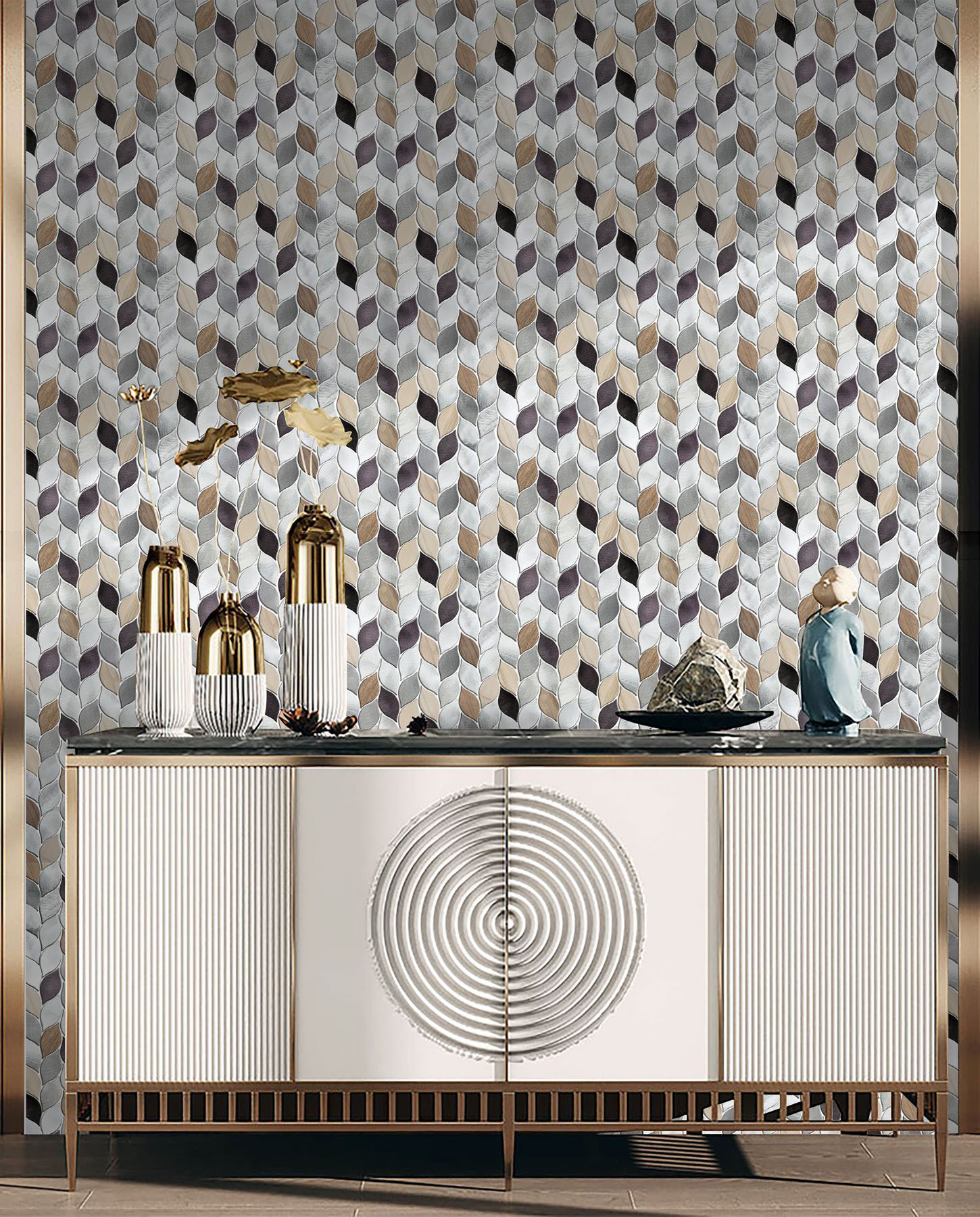 Aluminum & Marble Leaves Silver Grey Brown Mosaic 11 | Revere Tile Company