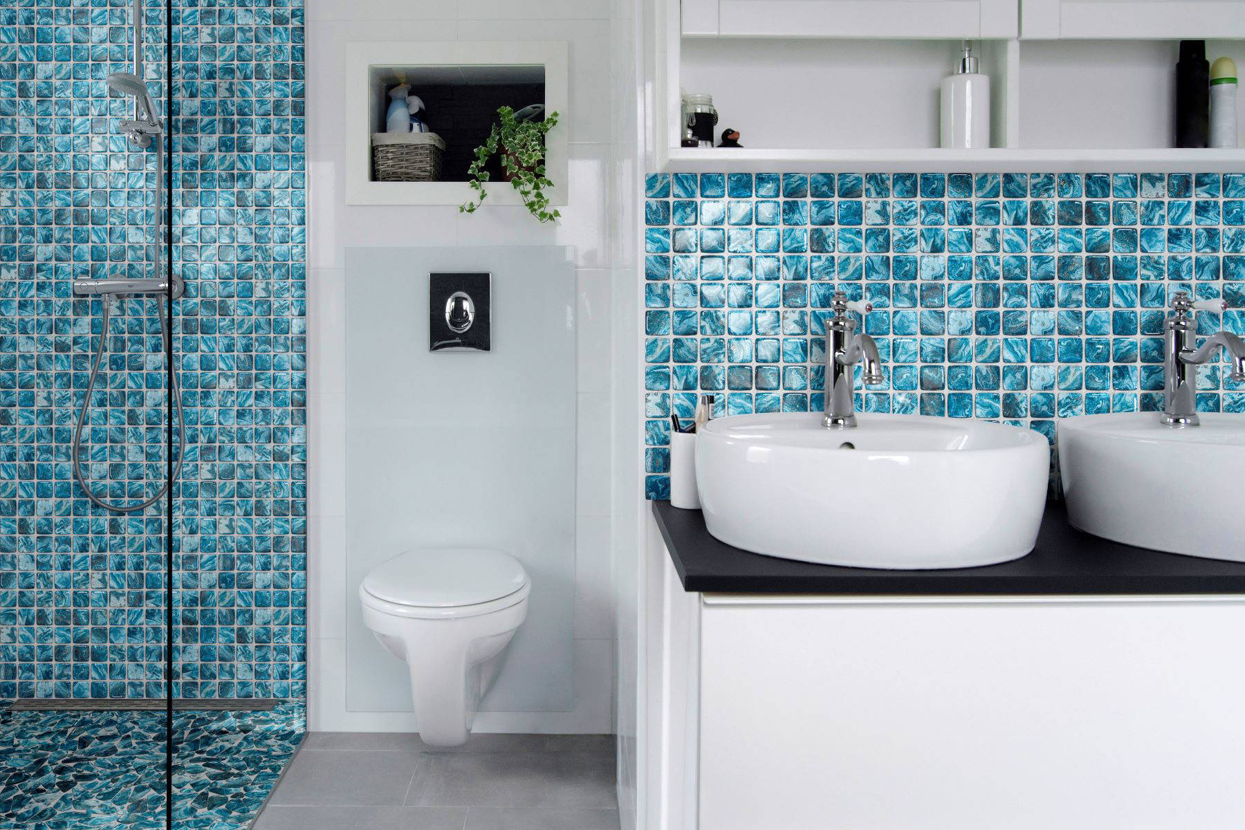 Glass Pebble Blue + Glass Square Blue Marble Pattern Mix | Revere Tile Company