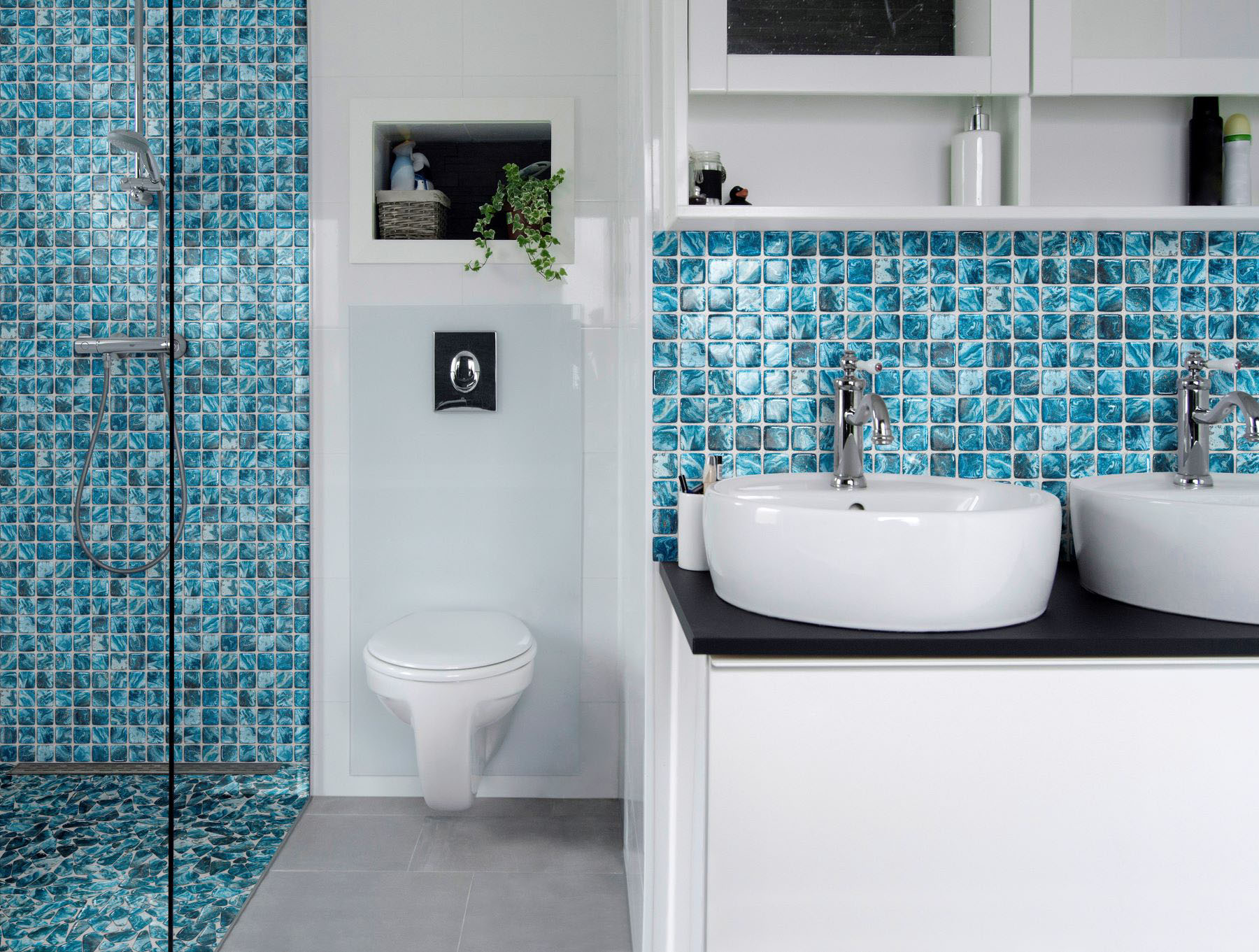 Glass Pebble Blue + Glass Square Blue Marble Pattern Mix | Revere Tile Company