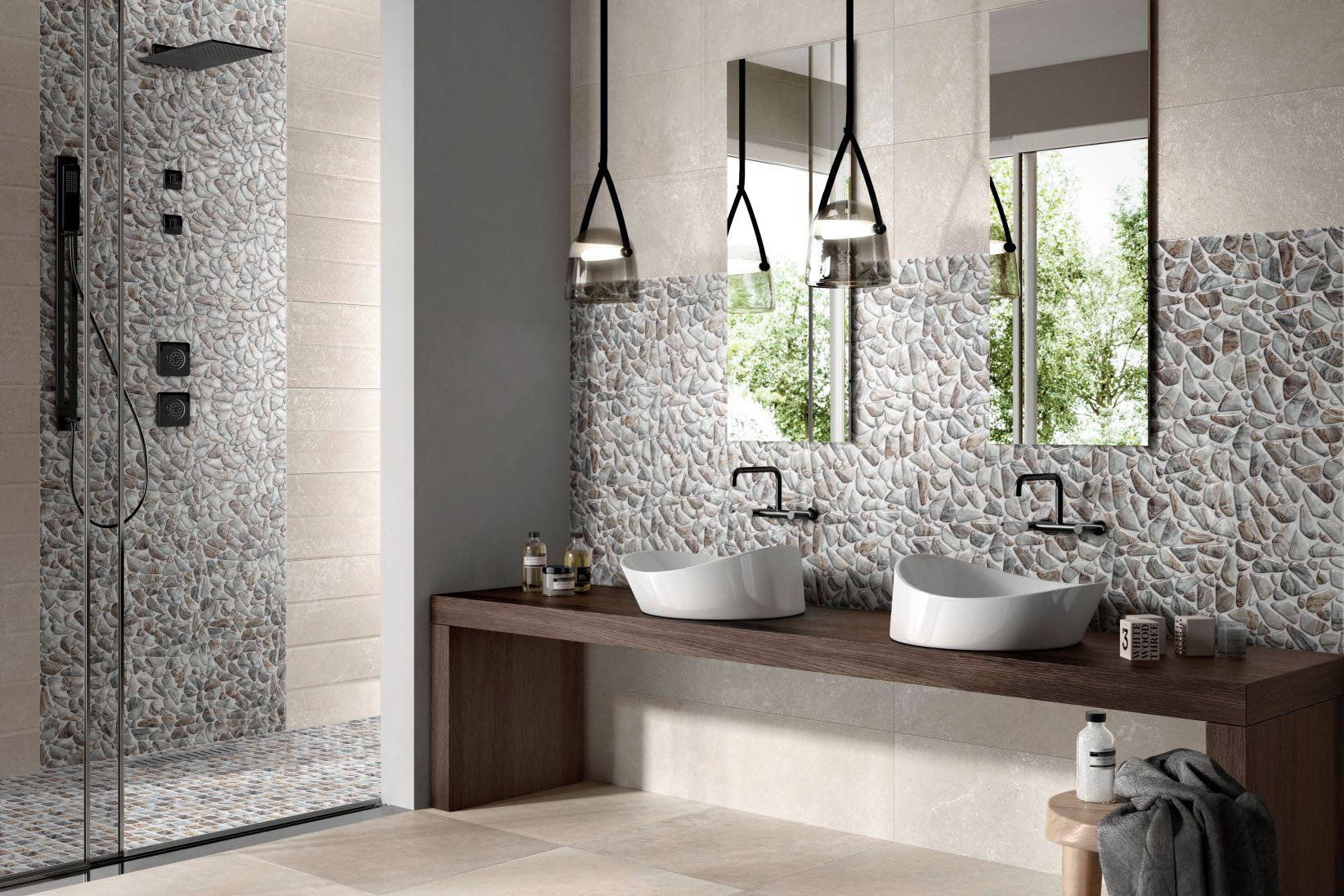 Glass Pebble Grey Beige Mix + Glass Square Grey Beige Mix | Revere Tile Company